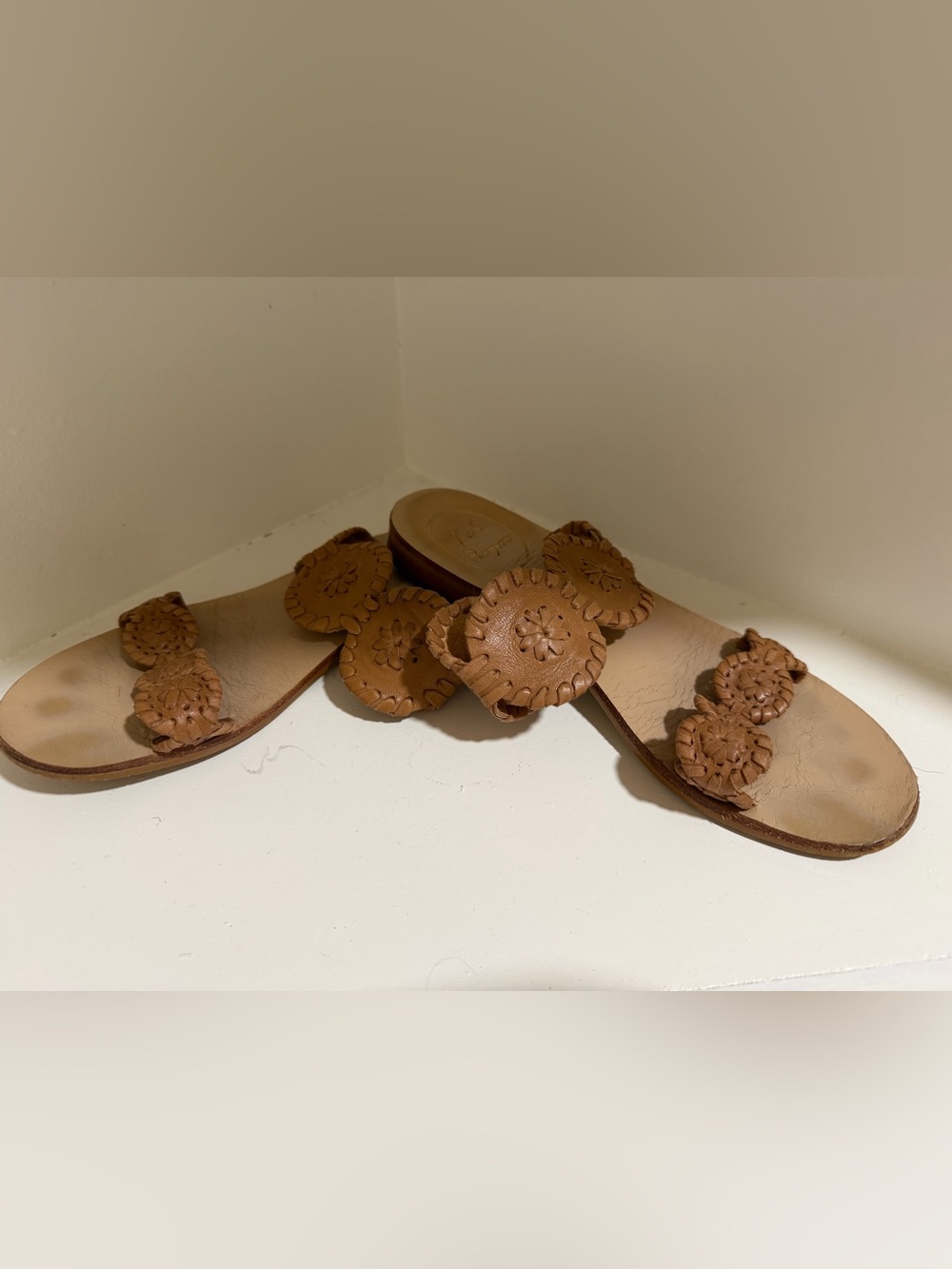 Jack Rogers Brown Leather Floral Medallion Slide Sandals
